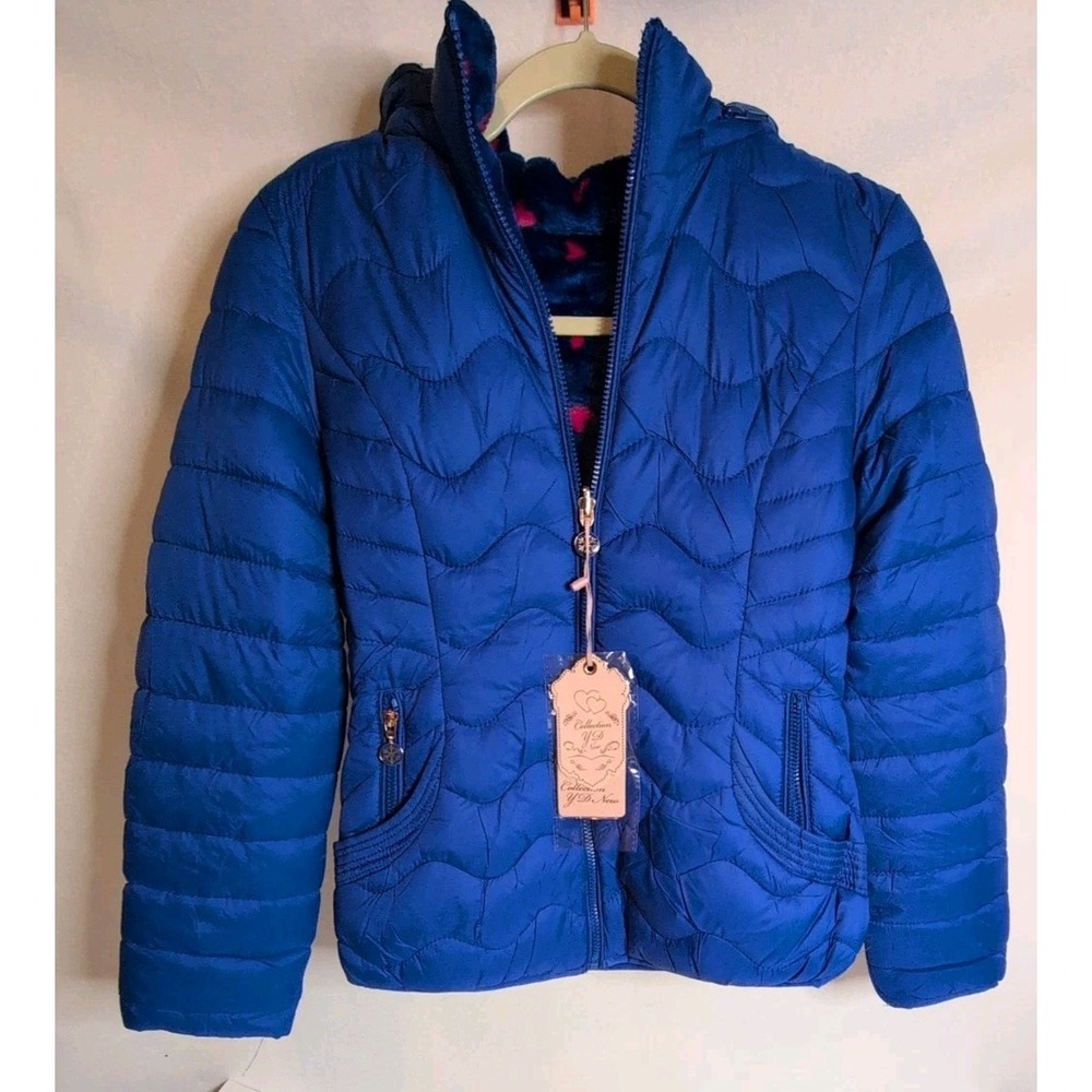 Kid's Quilted Puffer Jacket  Pink Heart-patterned Fleece Lining S8-16 Royal Blue